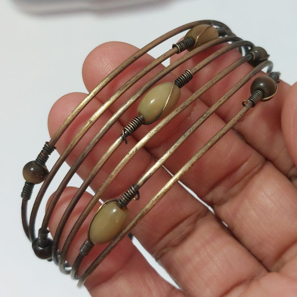 Multi-Row 7 Row Brass Cuff Bracelet with Wire Wrapped Olive Green Beads